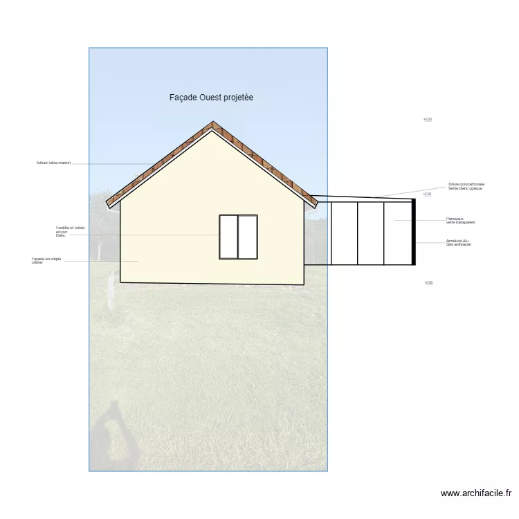 Facade Ouest projet&eacute;e. Plan de 