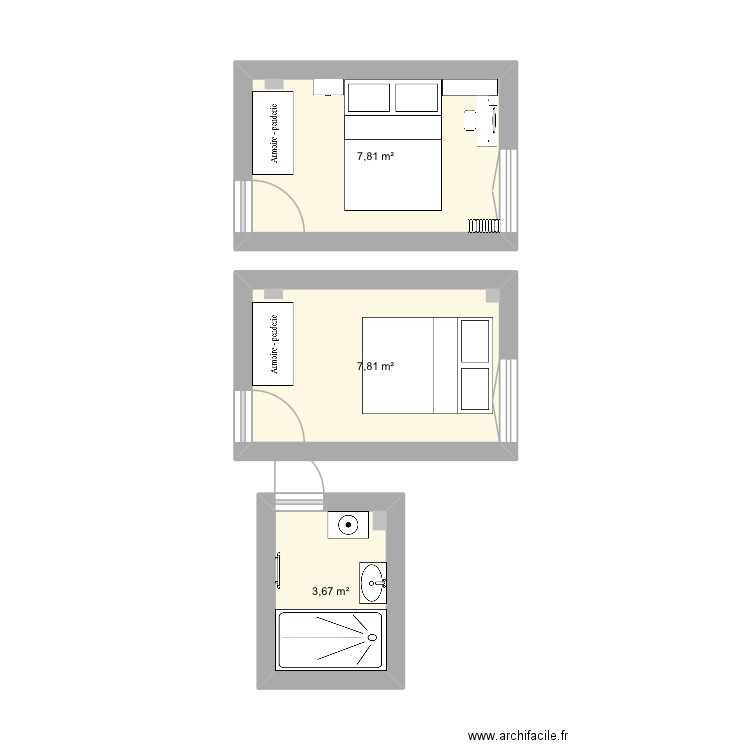 Chambre. Plan de 3 pièces et 19 m2
