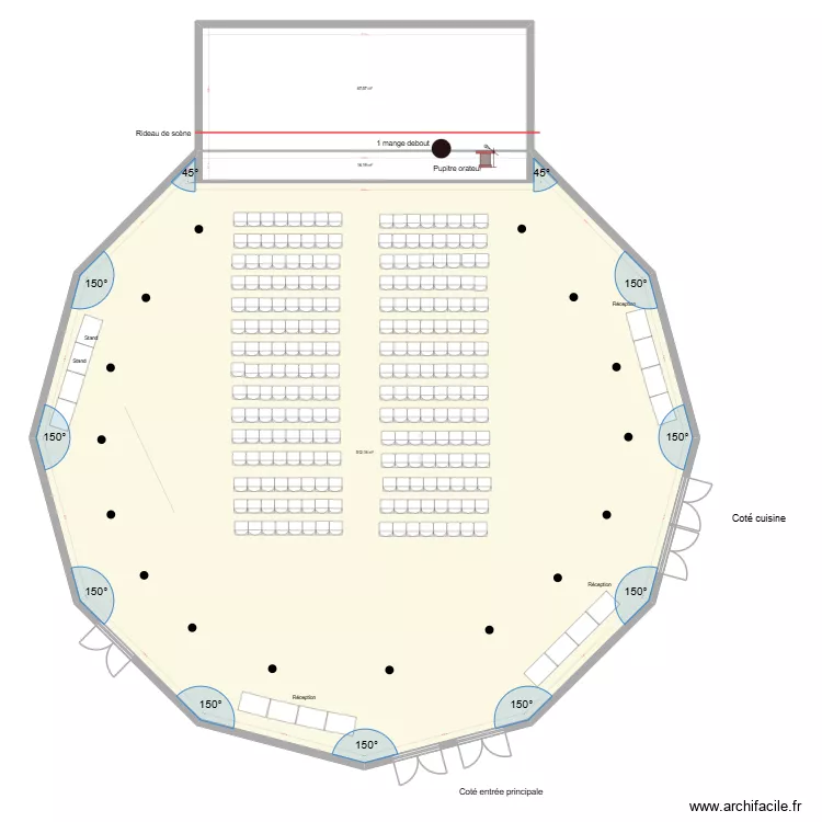 Grande salle avec pavé centrale 240 chaises et mange debout. Plan de 3 Pièces et 596 m² Grande salle avec pavé centrale 240 chaises et mange debout. Plan de 3 Pièces et 596 m²