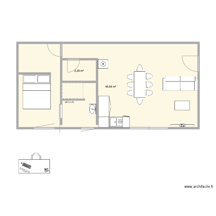 Appart 50m2 Pouilley-les-Vignes. Plan de 2 pièces et 48 m2