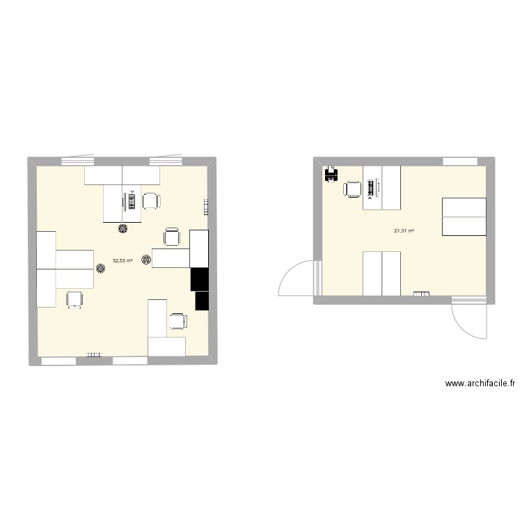 Bureau. Plan de 2 pièces et 54 m2