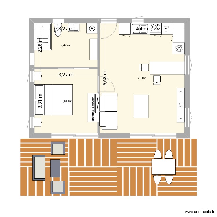 1 chambre. Plan de 3 pièces et 43 m2