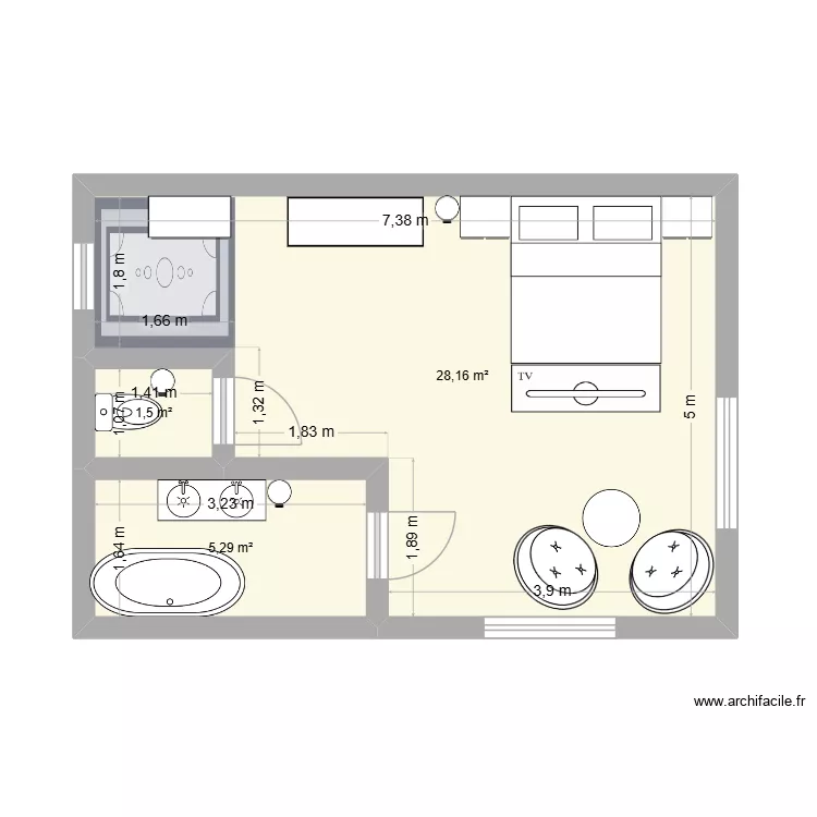 chambre. Plan de 3  et 35 m²
