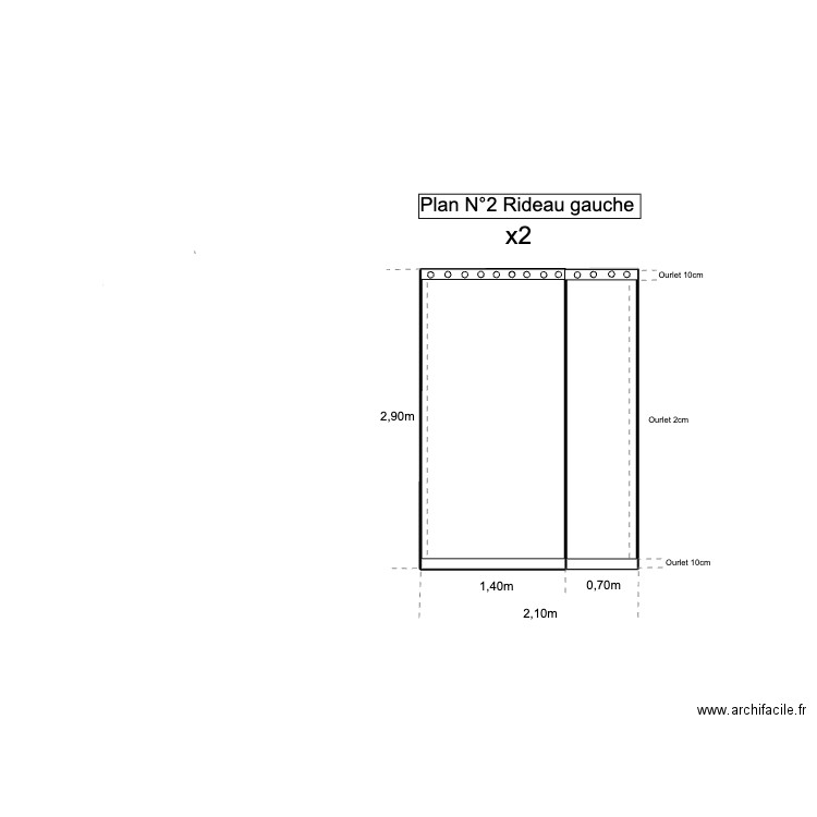 rideau 2,10m. Plan de 2 pièces et 6 m2