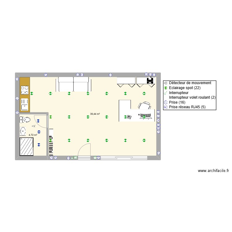 BUREAU. Plan de 2 pièces et 44 m2