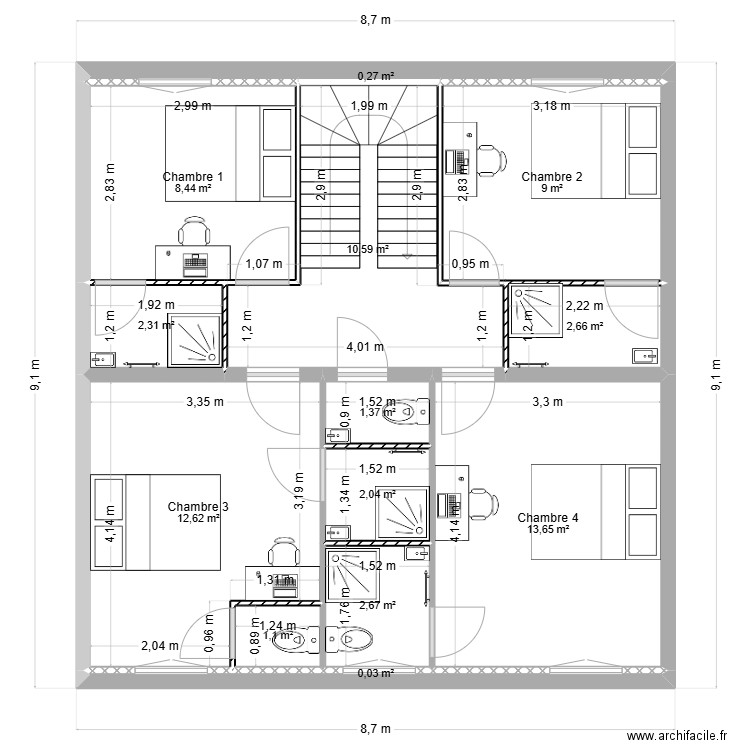 Baraille R+1. Plan de 13 pièces et 67 m2