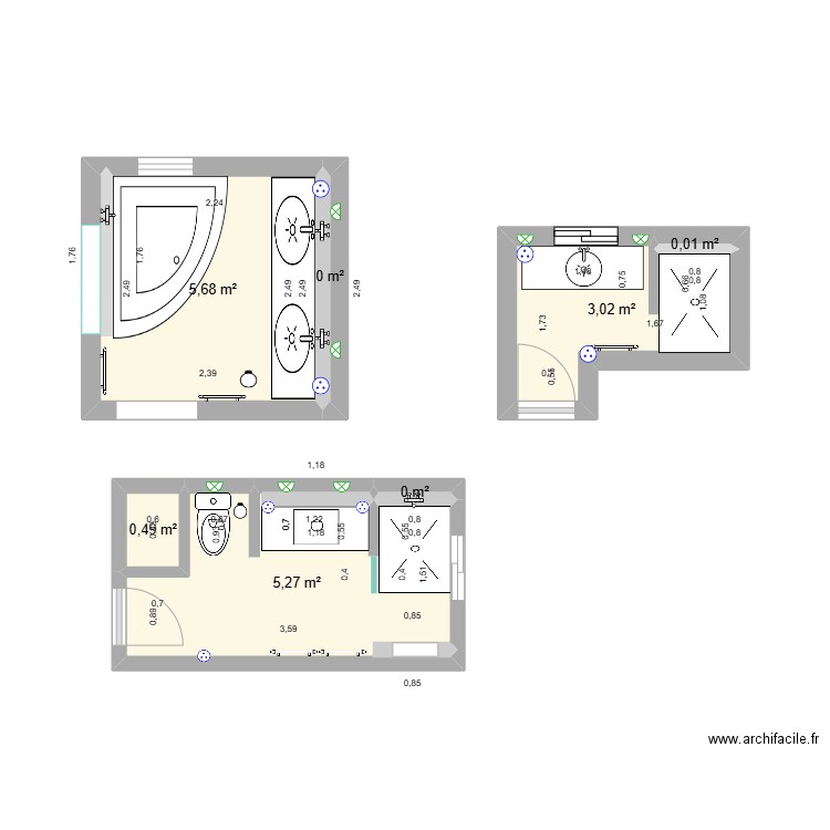 salles de bains. Plan de 7 pièces et 14 m2