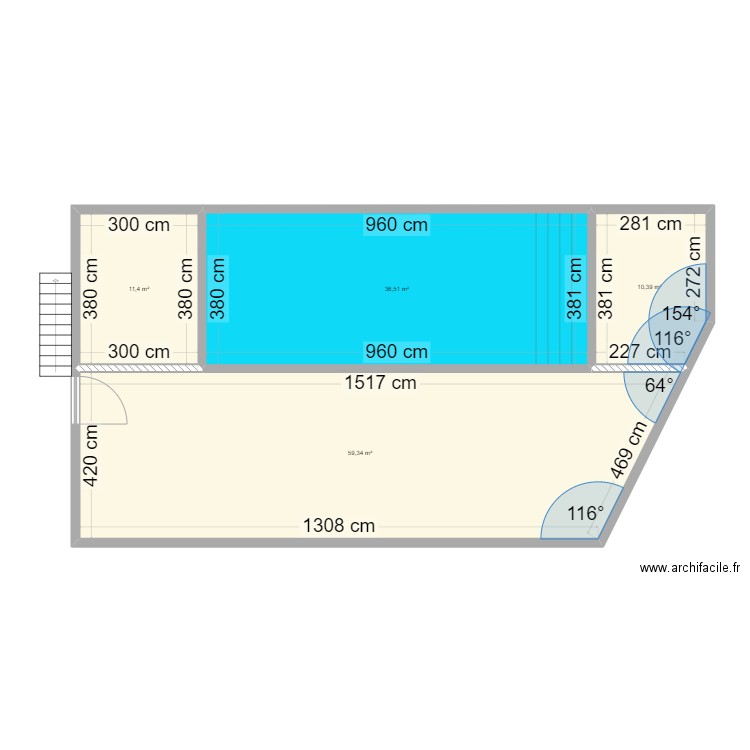 Local et piscine. Plan de 4 pièces et 118 m2