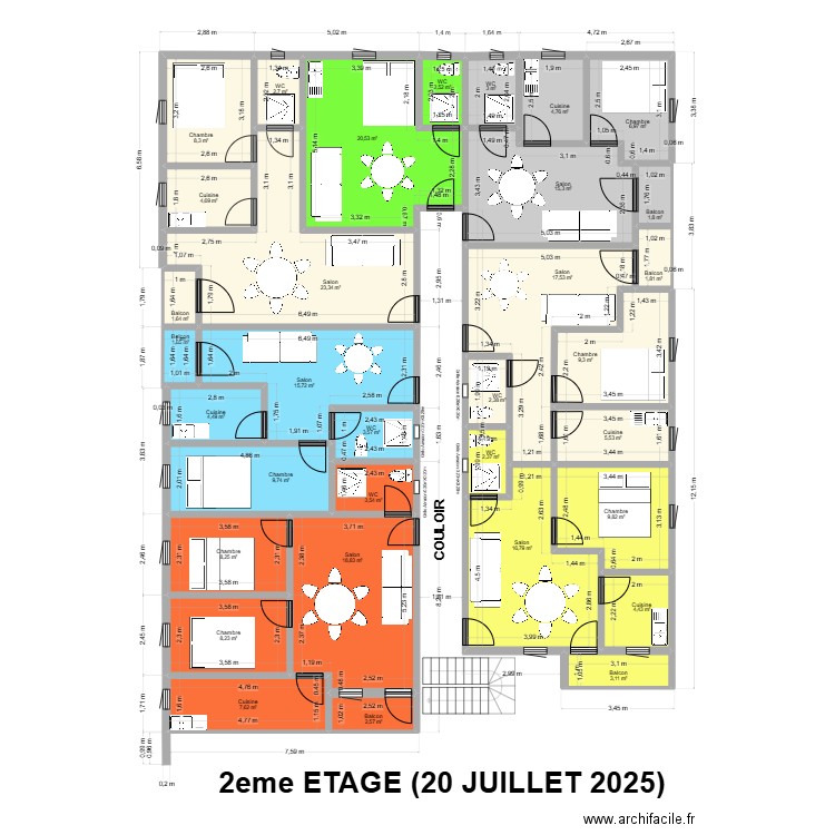 2EME ETAGE 20 JUILLET 2025. Plan de 33 pièces et 253 m2