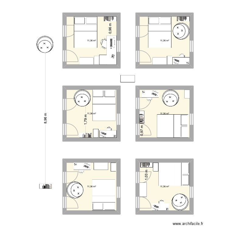 Chambre 3.5m x 3.5m. Plan de 6 pièces et 74 m2