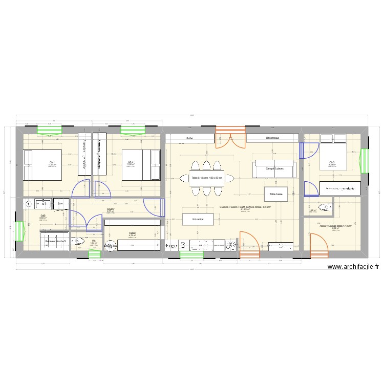projet 2 - avec plafond charentais sur piece de vie. Plan de 10 pièces et 100 m2