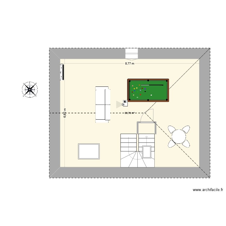 combles aménagés. Plan de 1 pièce et 60 m2