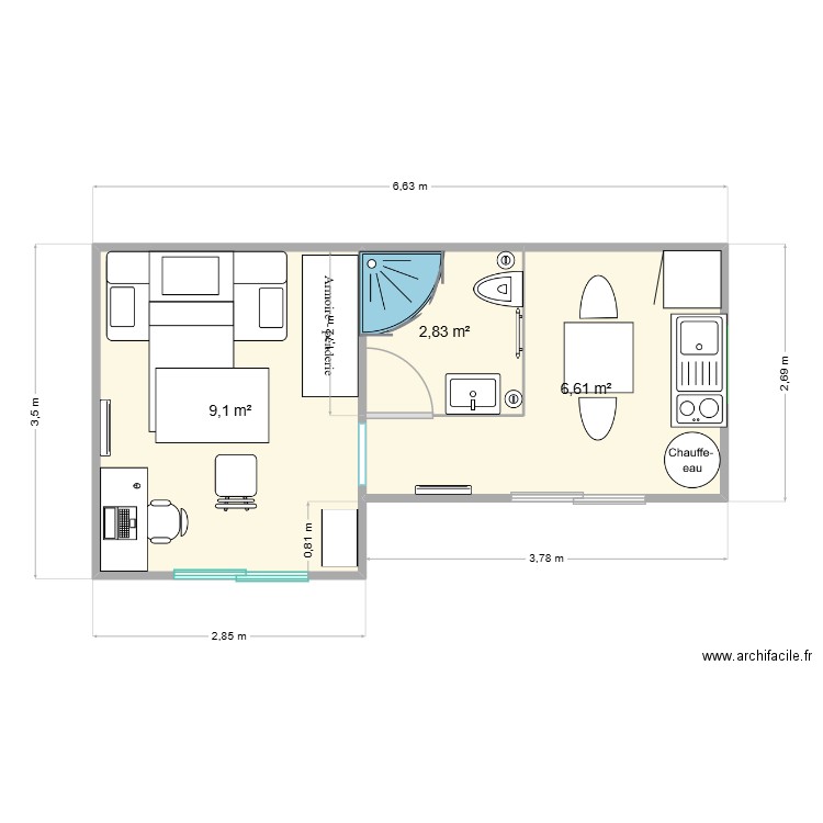 christian 1. Plan de 3 pièces et 19 m2