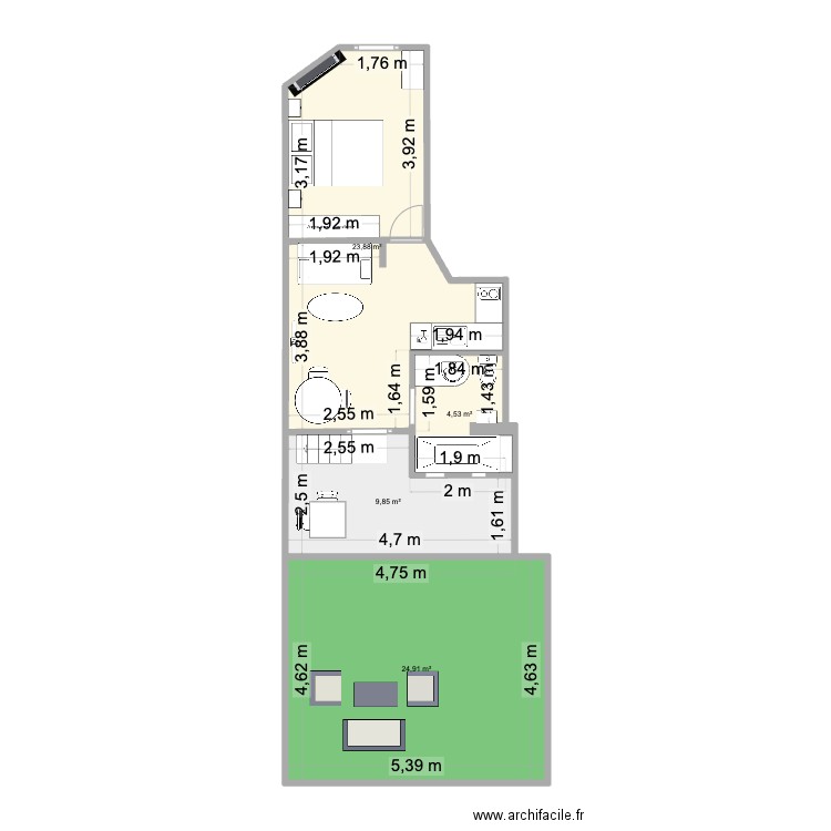 Studio 27m v2. Plan de 4 pièces et 63 m2