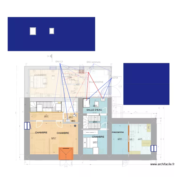 logements 3 et 4 plomberie. Plan de 26  et 301 m²