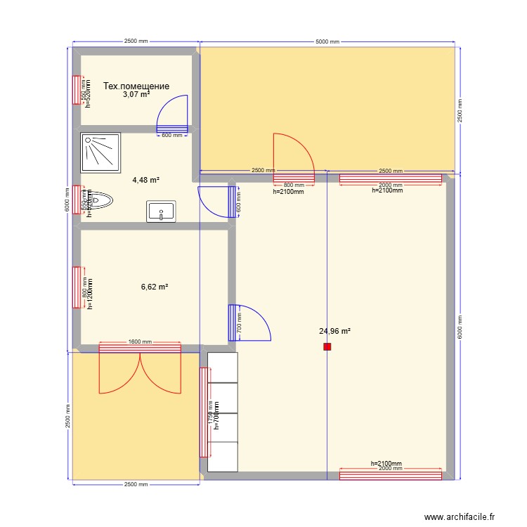 Triple. Plan de 6 pièces et 56 m2