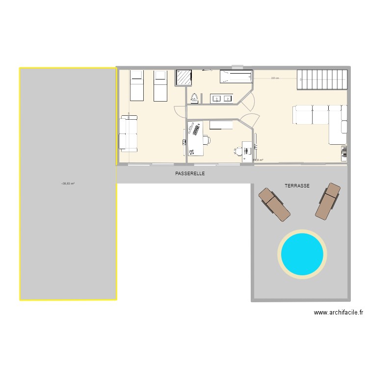 QUIBOU-Etage. Plan de 2 pièces et 150 m2