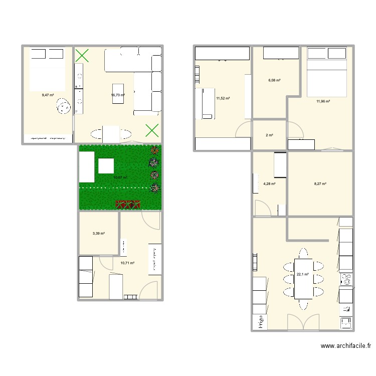 chambre bureau / salon. Plan de 12 pièces et 117 m2