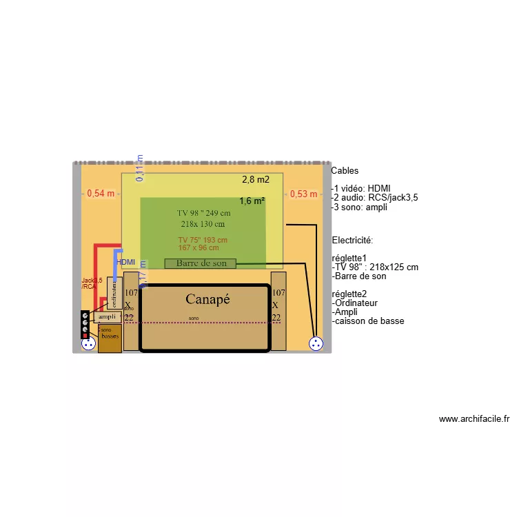 TV 98\" chez Eliane 02. Plan de 1  et 8 m²