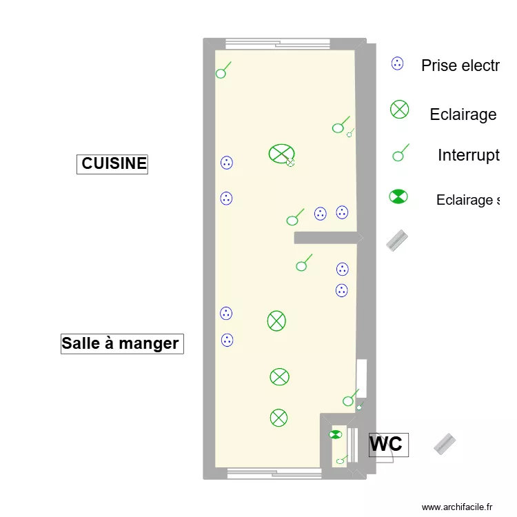 Plan Rdc Electricit&eacute; Cuisine et WC Barran Gers. Plan de 1  et 30 m²