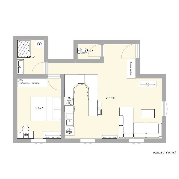 f2 rénovation. Plan de 4 pièces et 51 m2