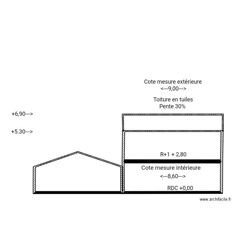 Plan coupe 4. Plan de 3 pièces et 65 m2