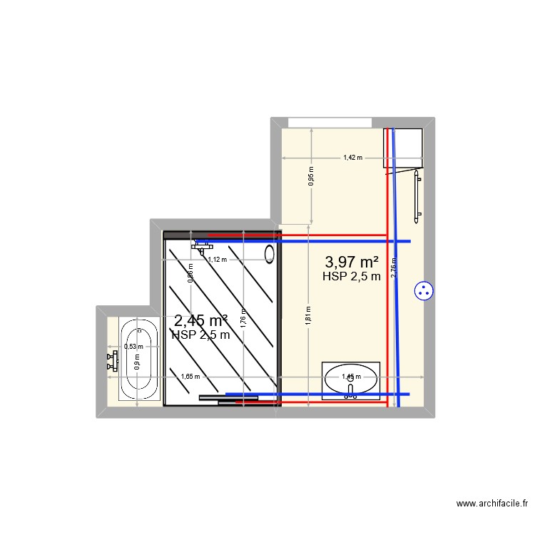 salle de bain. Plan de 2 pièces et 6 m2