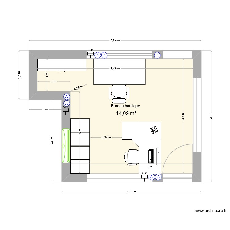 Bureau boutique. Plan de 1 pièce et 14 m2