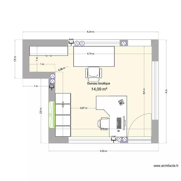 Bureau boutique. Plan de 1 pièce et 14 m² Bureau boutique. Plan de 1 pièce et 14 m²