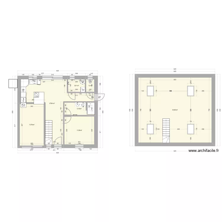 plan maison V3. Plan de 7  et 128 m²