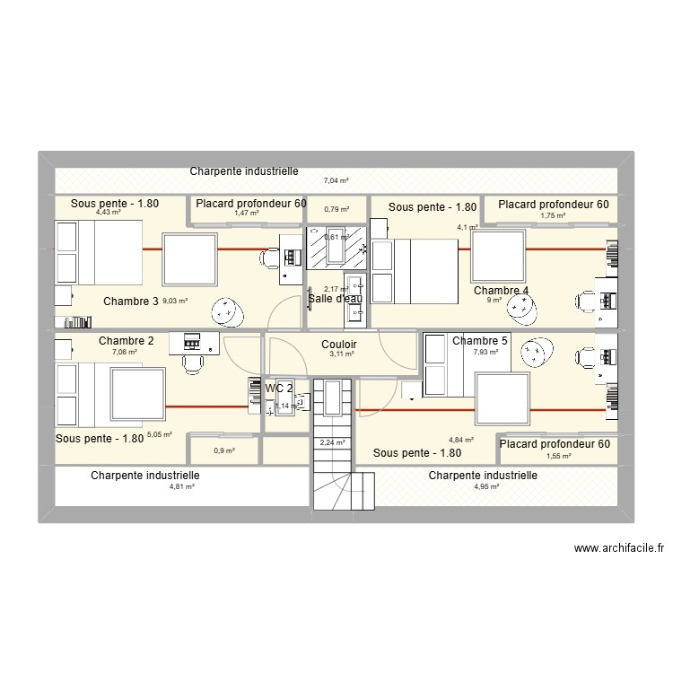 Zeb Etage enfant. Plan de 21 pièces et 84 m2