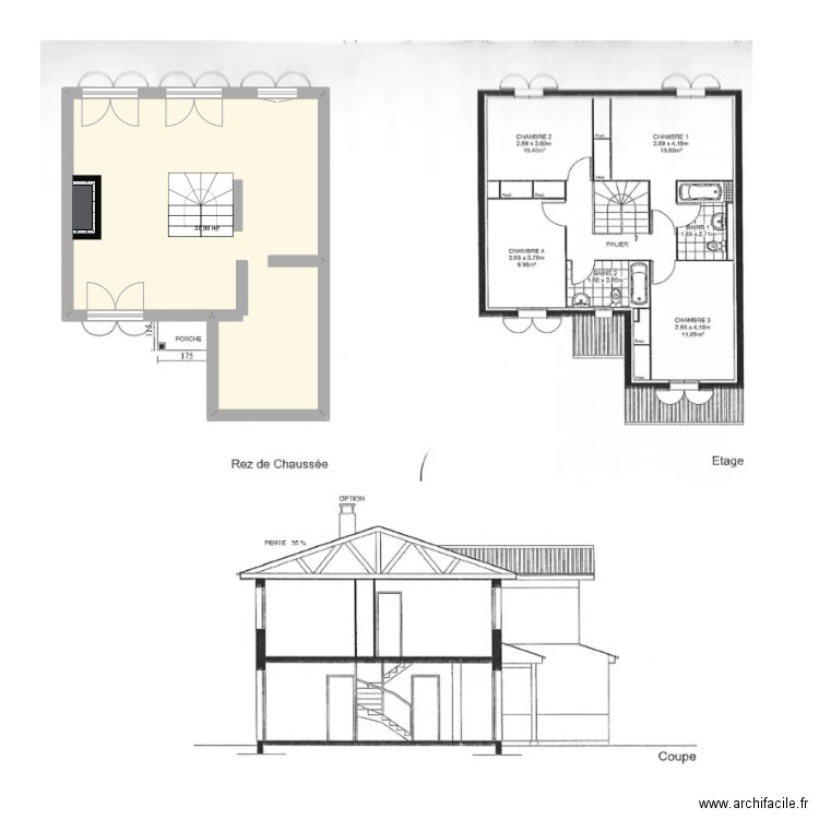 rdc. Plan de 1 pièce et 38 m2