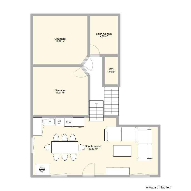 salon. Plan de 5 pièces et 61 m2