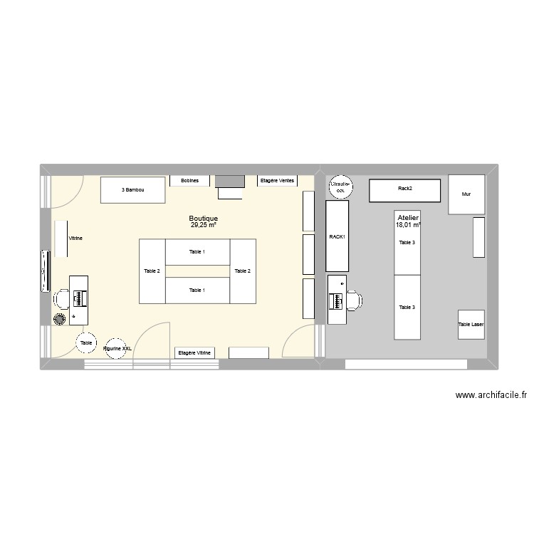 boutique. Plan de 2 pièces et 47 m2