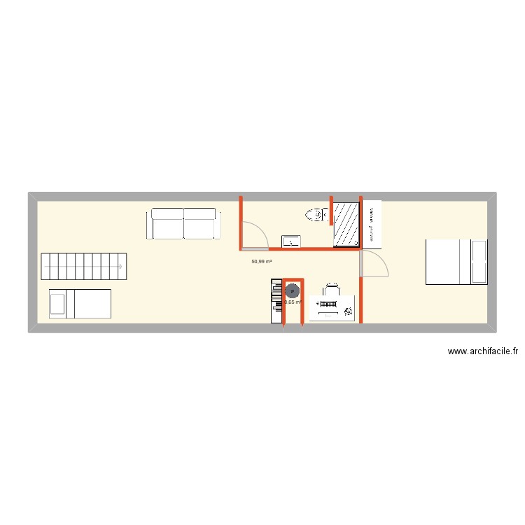 Bueno R+1. Plan de 2 pièces et 52 m2
