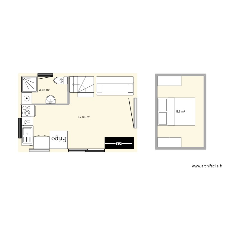 Tiny house. Plan de 3 pièces et 28 m2