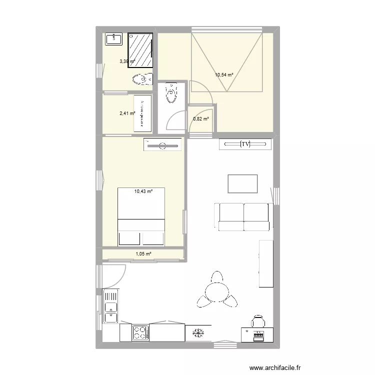 villar t1 amenage. Plan de 6  et 29 m²