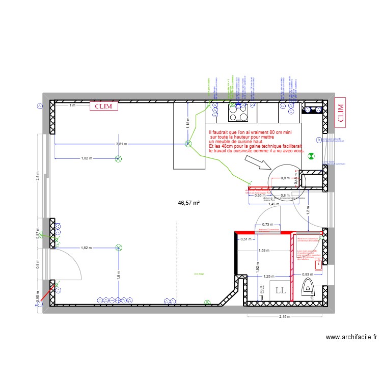 plan gain technique. Plan de 1 pièce et 47 m2
