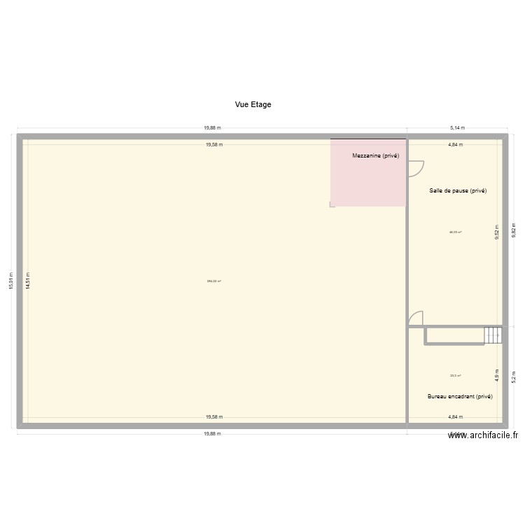 Vue mezzanine. Plan de 3 pièces et 354 m2