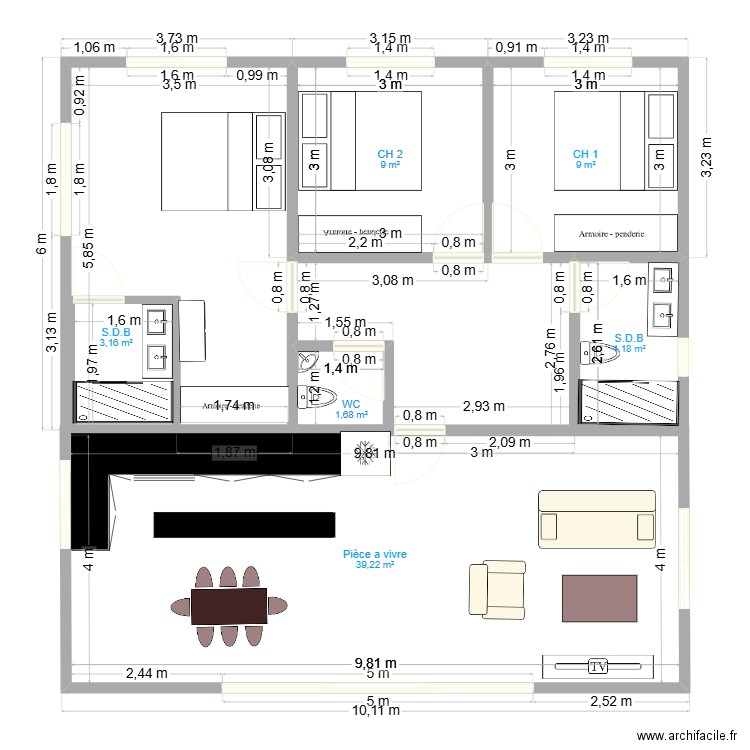 PLAN NOSY BE. Plan de 6 pièces et 66 m2