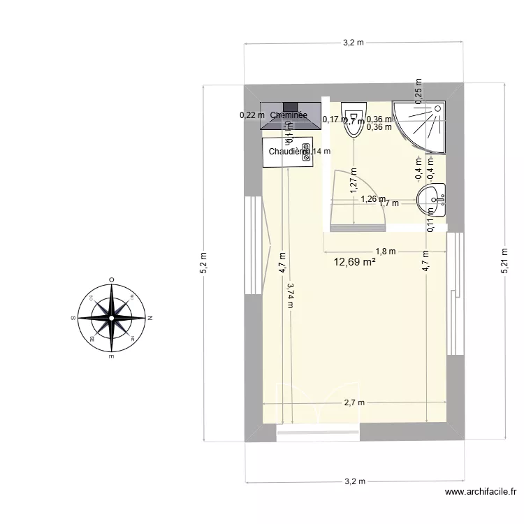 buanhderie sdb. Plan de 1 pièce et 13 m²