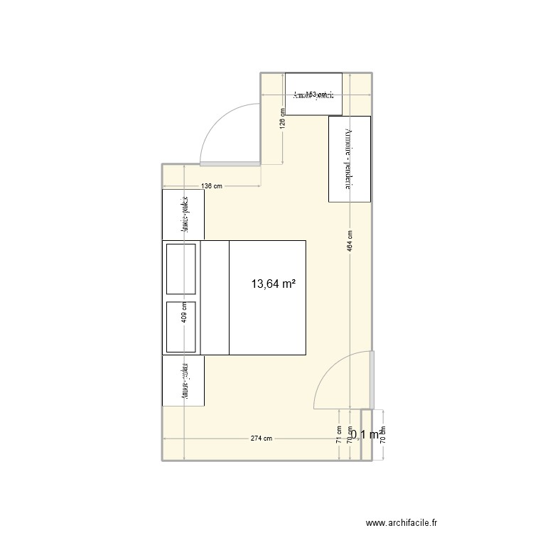 chambre . Plan de 2 pièces et 14 m2