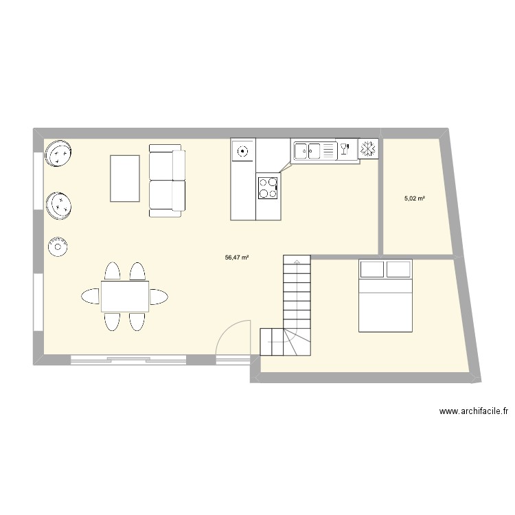 RDC. Plan de 2 pièces et 61 m2