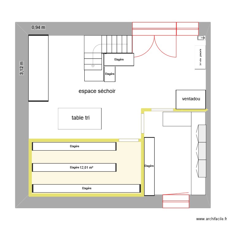 séchoir été 2025. Plan de 1 pièce et 12 m2