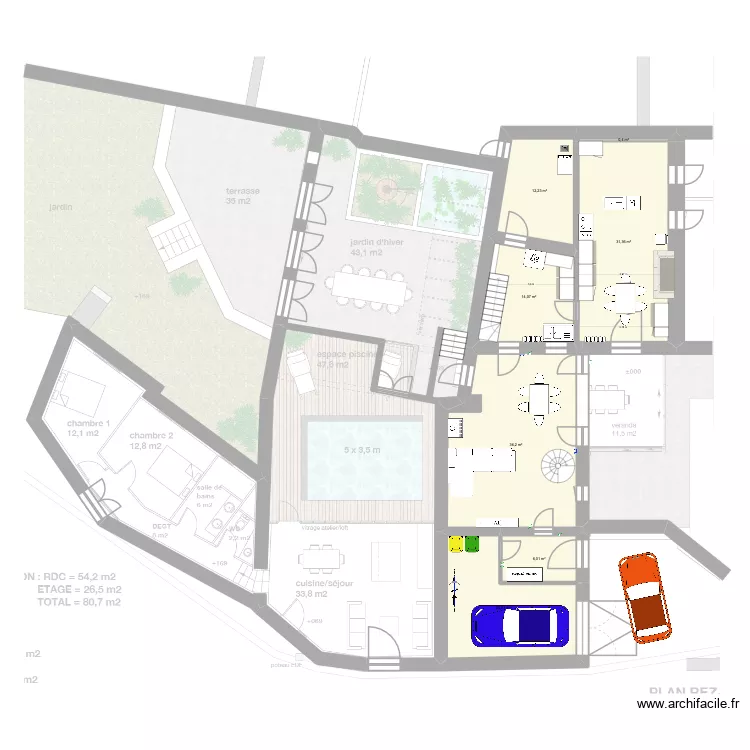 salon et jardin d'hiver &eacute;lectricit&eacute;. Plan de 17  et 207 m²