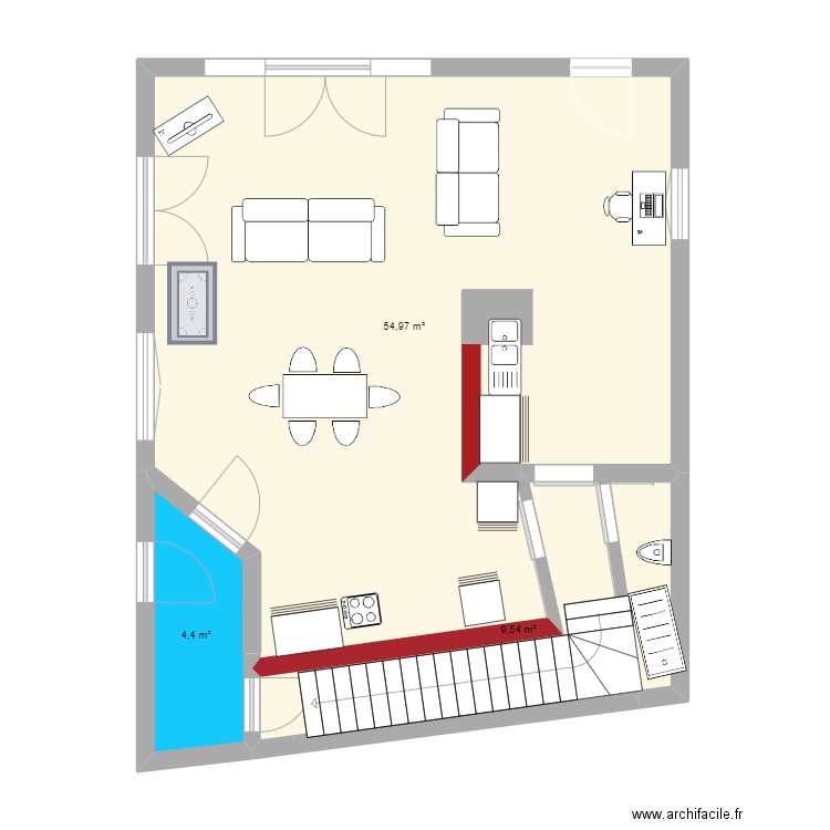 cuisine essai 2. Plan de 3 pièces et 69 m2