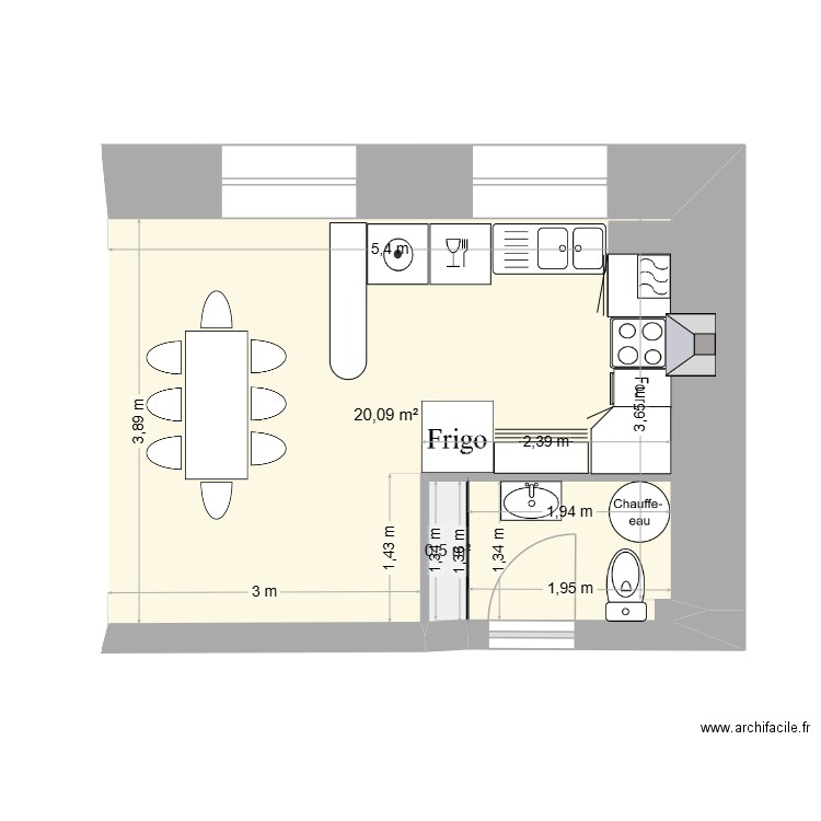 SCI LE POUZIN  APPARTEMENT  JDP cuisine. Plan de 2 pièces et 21 m2