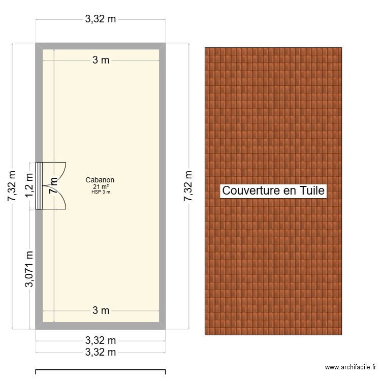 Plan N° 1 Cabanon. Plan de 1 pièce et 21 m2