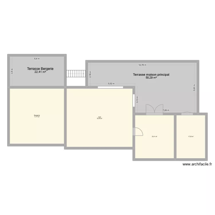 Fleury Maison 1 hall + grange existant + terrasse Projet. Plan de 