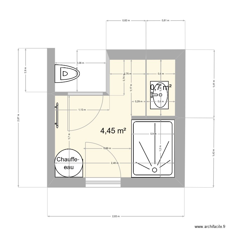 SDB. Plan de 2 pièces et 5 m2
